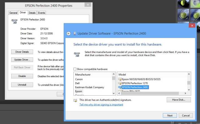 Uncheck "Show compatible hw" and select "Epson Perfection 2400"