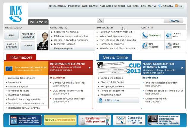 Homepage del sito dell'INPS