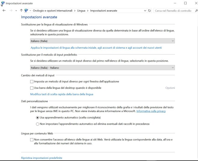 Clock, Language and region -> Language -> advanced settings
