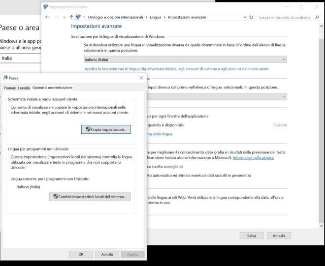 Clock, Language and region -> Language -> advanced settings - Apply language settings to the welcome screen and new user accounts