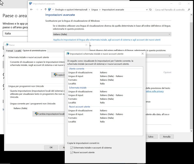 Clock, Language and region -> Language -> advanced settings - Apply language settings to the welcome screen and new user accounts -> Welcome screen and new user accounts settings