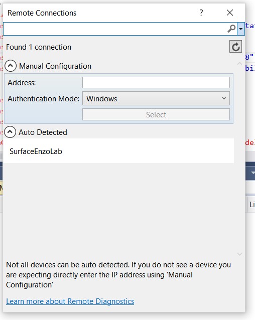 Auto Detected devices where Remote Tools for VS2015 is running
