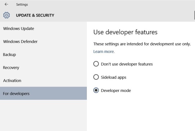 Sideload apps or Developer mode in the Settings -> For developer section