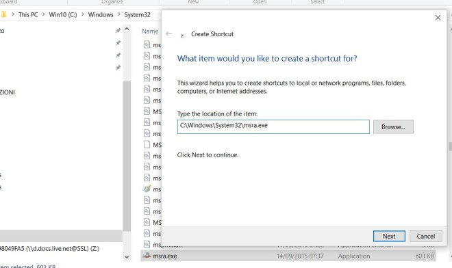 Create a shortcut for msra.exe