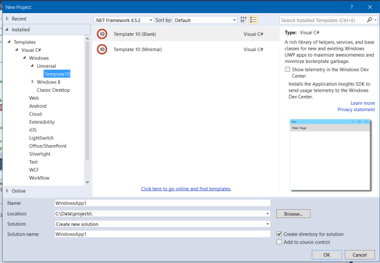 Template10 is then available as one of the possible templates for Universal apps (after added it from the VS gallery)