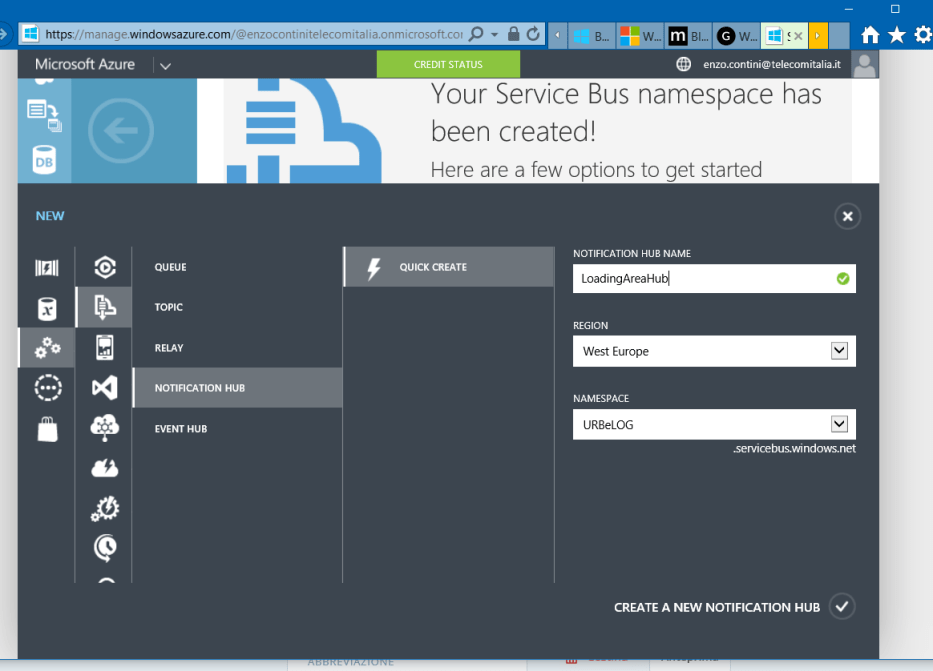 Notification Hub creation in that namespace