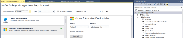 Backend: add in the reference <em>Microsoft.Azure.NotificationHubs</em>