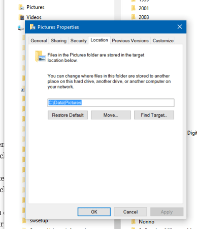 Location tab available for Pictures folder (and for other system folders)