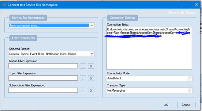 4) ServiceBusExplorer => File->Connection