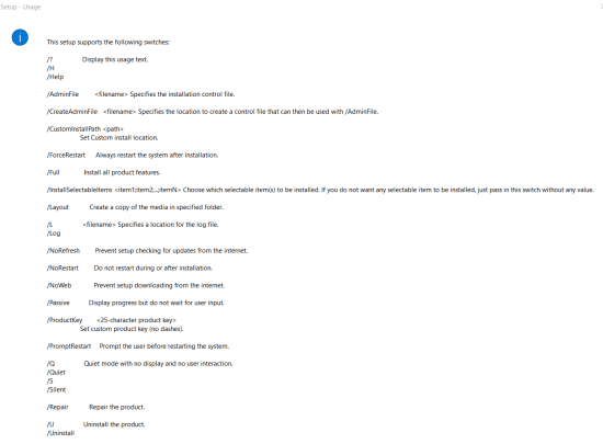 All the available switches for Visual Studio setup command