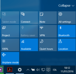 Tablet mode button available in the Action Center
