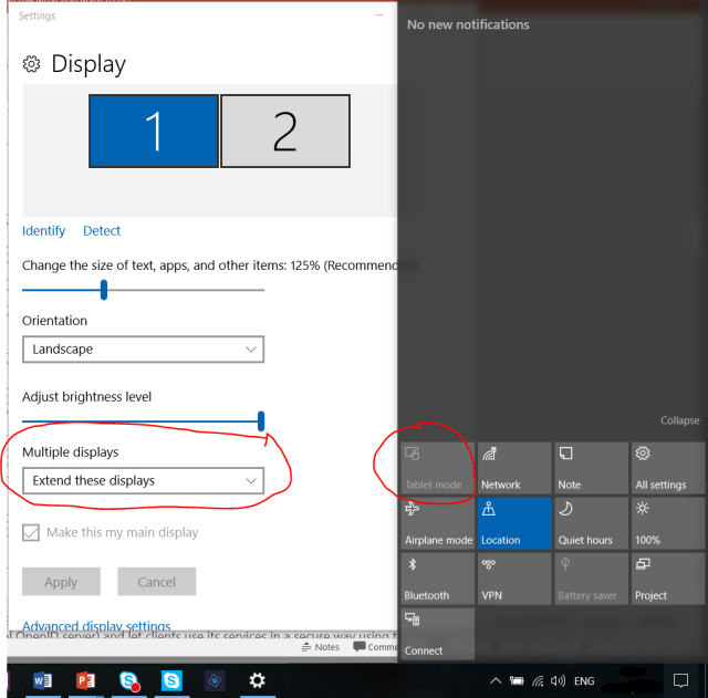 Tablet mode button disabled whenever you have multiple displays set as "Extend these display"