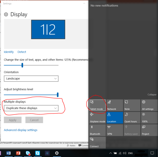 Tablet mode button enabled whenever you have multiple displays set as "Duplicate these display"