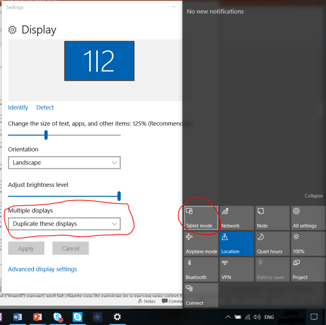 Tablet mode button enabled whenever you have multiple displays set as "Duplicate these display"