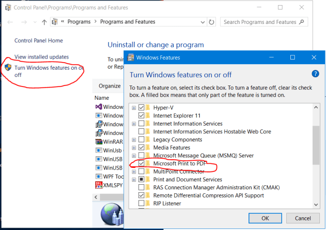 Microsoft Print to PDF feature enabled