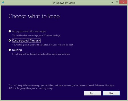 Keep personal files and apps option disabled
