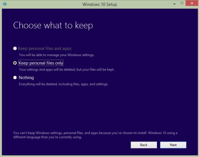 Keep personal files and apps option disabled