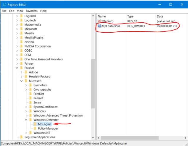 Set of the HKEY_LOCAL_MACHINE\Software\Policies\Microsoft\Windows Defender\MpEngine\MpEnablePlus key