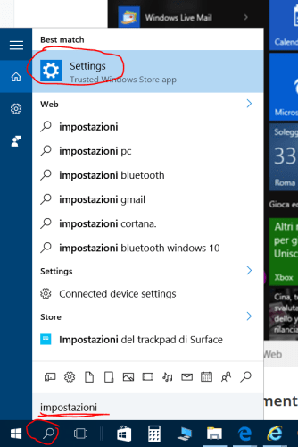 Premere il pulsante si Cerca e scrivere impostazioni o Settings