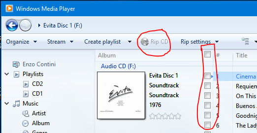 The Rip CD option is disabled because no track to be ripped is selected