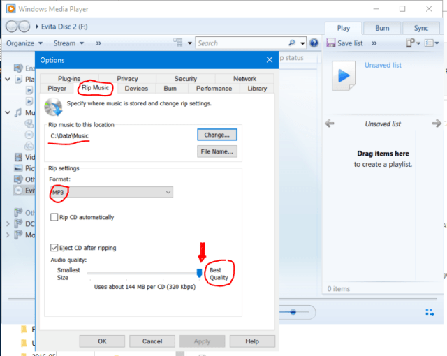 Options related to location, format, audio quality