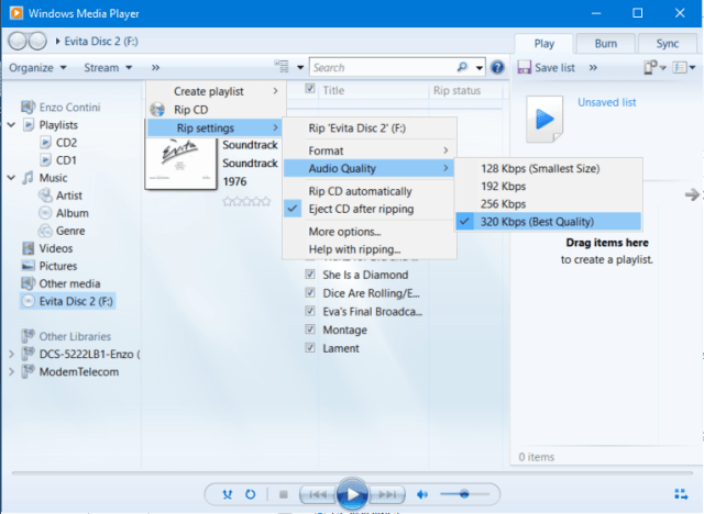 Check of the audio quality setting for the ripped music