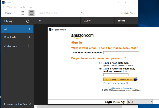 Kindle desktop application on a Windows PC