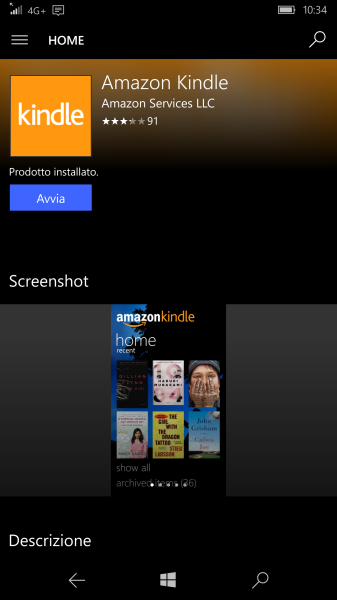 Amazon Kindle app on Windows Store (for phones)