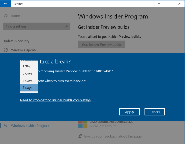 Viene consentito sono un break di al massimo una settimana nel ricevere nuove Insider build