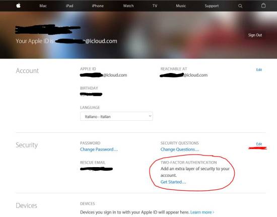 TWO-FACTOR AUTHENTICATION section in the Apple account management site