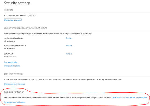 Two-steps verification in the Microsoft account management site