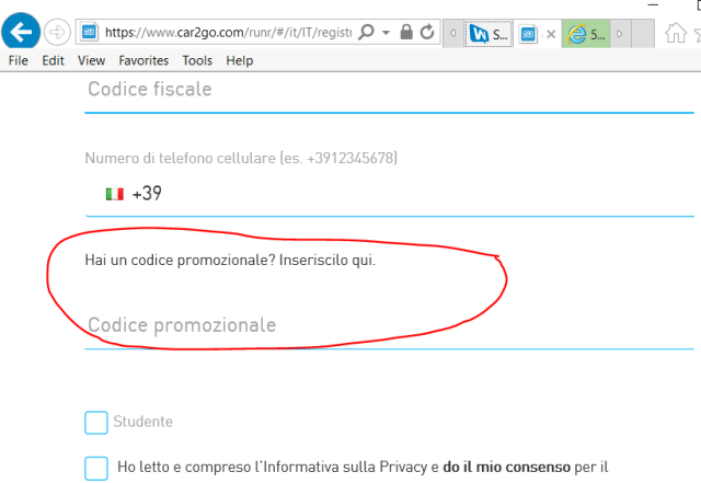 Modulo di iscrizione di Car2Go: campo relativo all'inserimento dell'eventuale codice promozionale