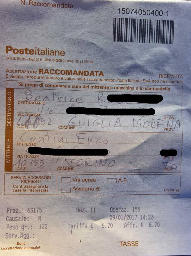 Ricevuta della raccomandata di invio del pacco