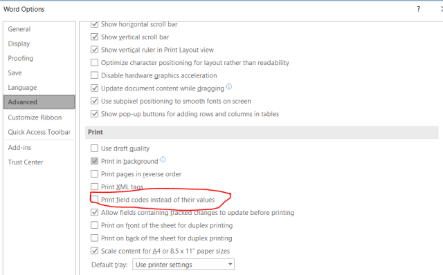  “Print” section of File -> Options -> Advanced