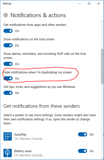 Switch on the Hide notification when I'm duplicating my screen option