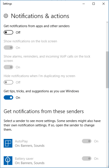 Switch off the Get notification from apps and other senders option