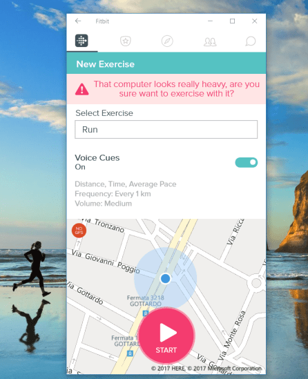 Mappa per tracciare il percorso di un esercizio (riducendo le dimensioni della finestra): UI identica a quella disponibile su smartphone (mostrata precedentemente)