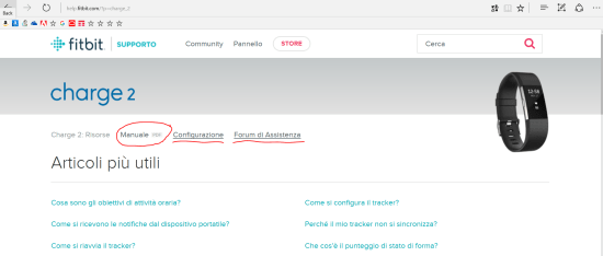 Sezione del sito fitbit.com relativo al modello Charge 2 (manuale, configurazione e forum)