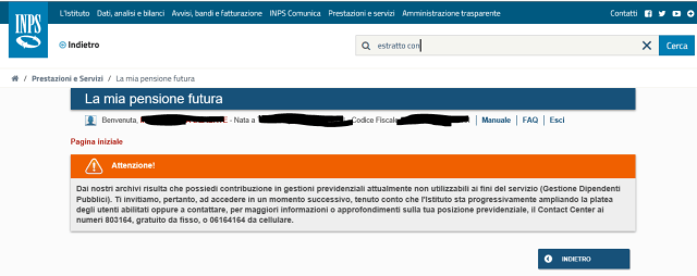 E' assente il link relativo al Estratto Conto Contributivo: chiamare il Call Center indicato