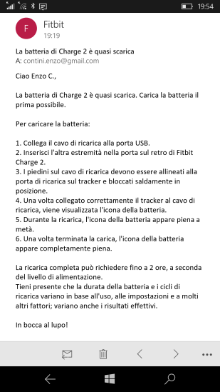Segnalazione via email della necessità di ricaricare il dispositivo