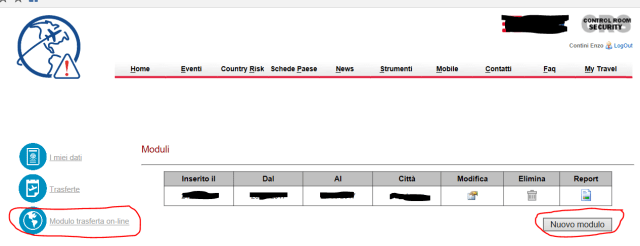 Per ciascuna nuova trasferta, premere Nuovo modulo nella sezione Modulo trasferta on-line