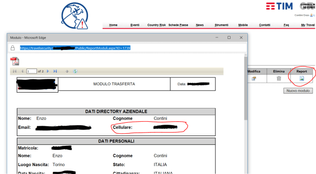 Nel report finale, invece, il numero del cellulare aziendale viene valorizzato
