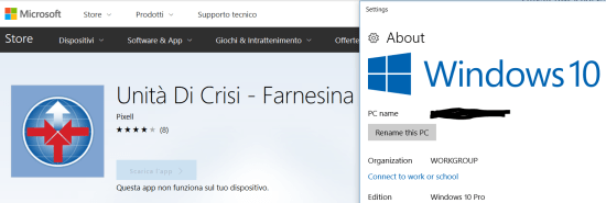 L'app Unità di Crisi - Farnesina non risulta più installabile su PC/tablet con Windows 10