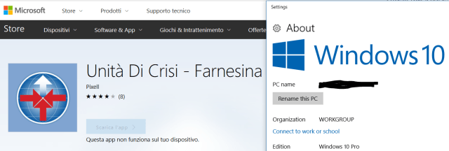 L'app Unità di Crisi - Farnesina non risulta più installabile su PC/tablet con Windows 10