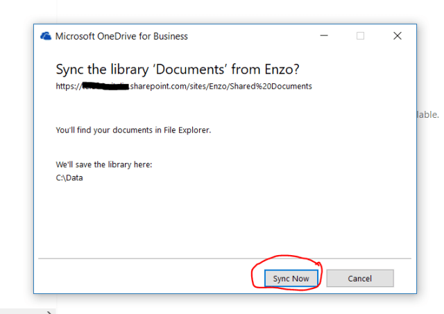 Agree to the alert popup of OneDrive for Business