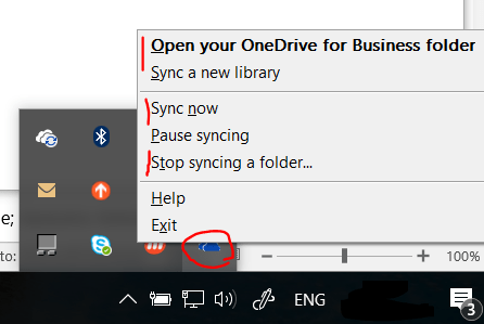 Management of OneDrive for Business from taskbar icon (right click)