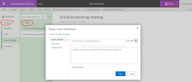 Notebook menu item associates a OneNote file, possibly sharable