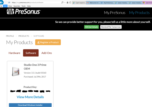 My Product section: Studio One 3 Prime OEM available for downloading