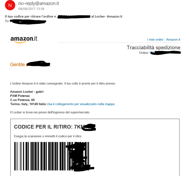 Email con il codice per il ritiro del pacco dal locker