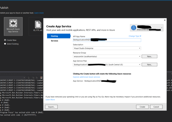 Set API Name, Resource Group and App Service plan and click the Create button